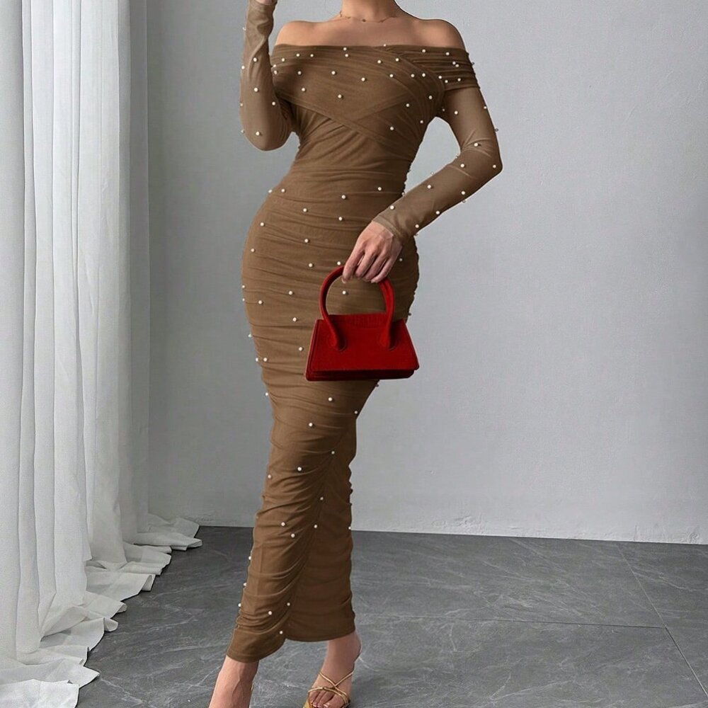 Coffee Brown Elegant Women's Off-Shoulder Pearl Decor Ruffle Maxi Dress - Picture 7 of 10